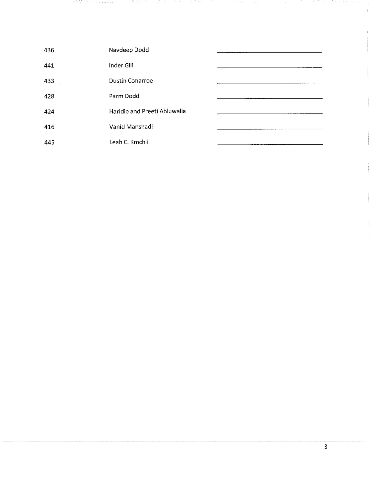 Continuation of blank petition form with a list of residents on Nursery Hill Drive