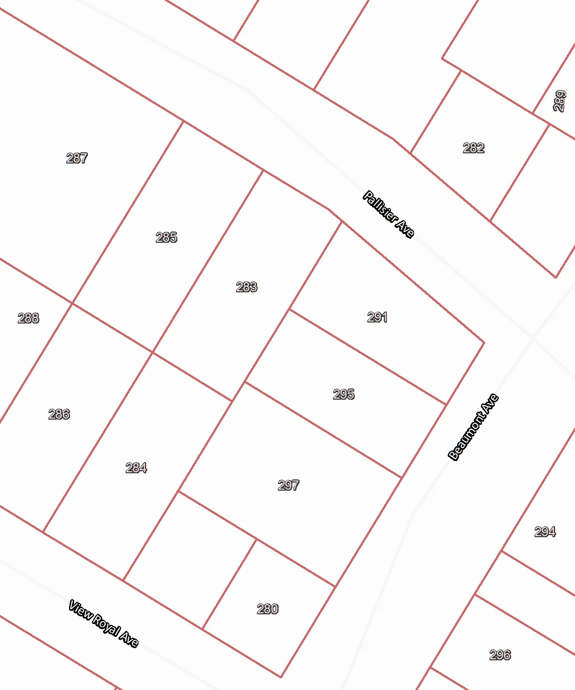 Property boundary map overlay showing street names Pallisier Ave, Beaumont Ave, and View Royal Ave
