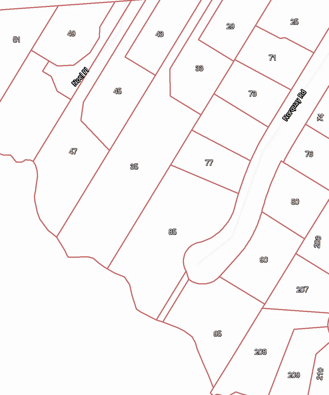Red-outlined parcel boundary highlighting the subject property at 77 Norquay Rd