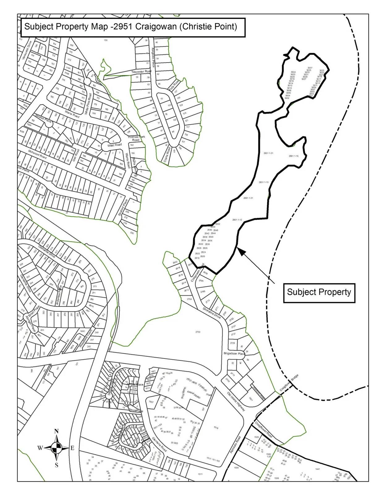 Subject Property Map for 2951 Craigowan (Christie Point) showing the property location and surrounding residential lots and streets including Shoreline Drive, West Road, and Old Island Highway.