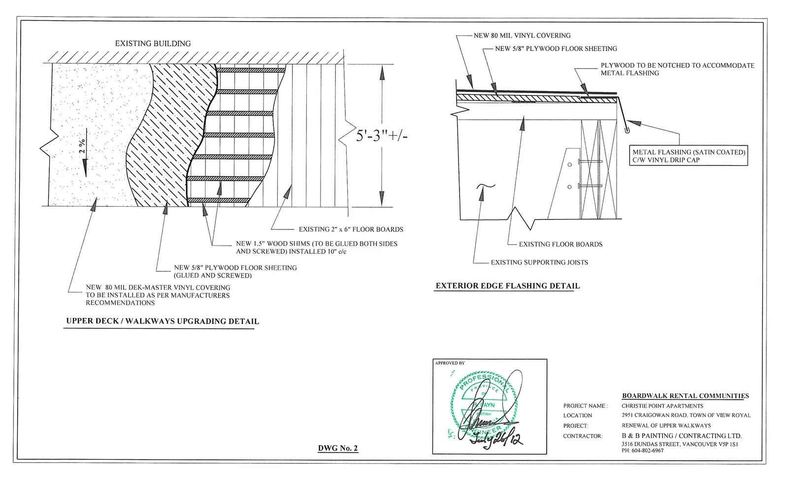Technical detail drawings showing the upper deck/walkway upgrading layers including vinyl covering, plywood sheeting, and wood shims, along with an exterior edge flashing detail.