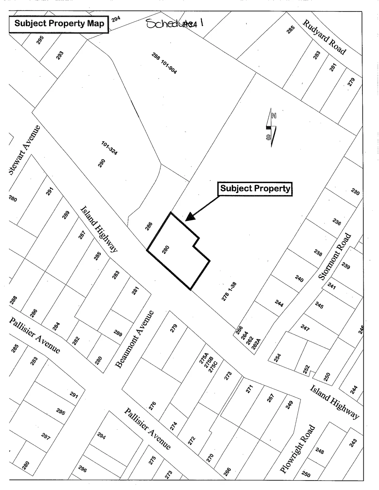 Subject Property Map showing 280 Island Highway and the surrounding streets, labeled as Schedule 1