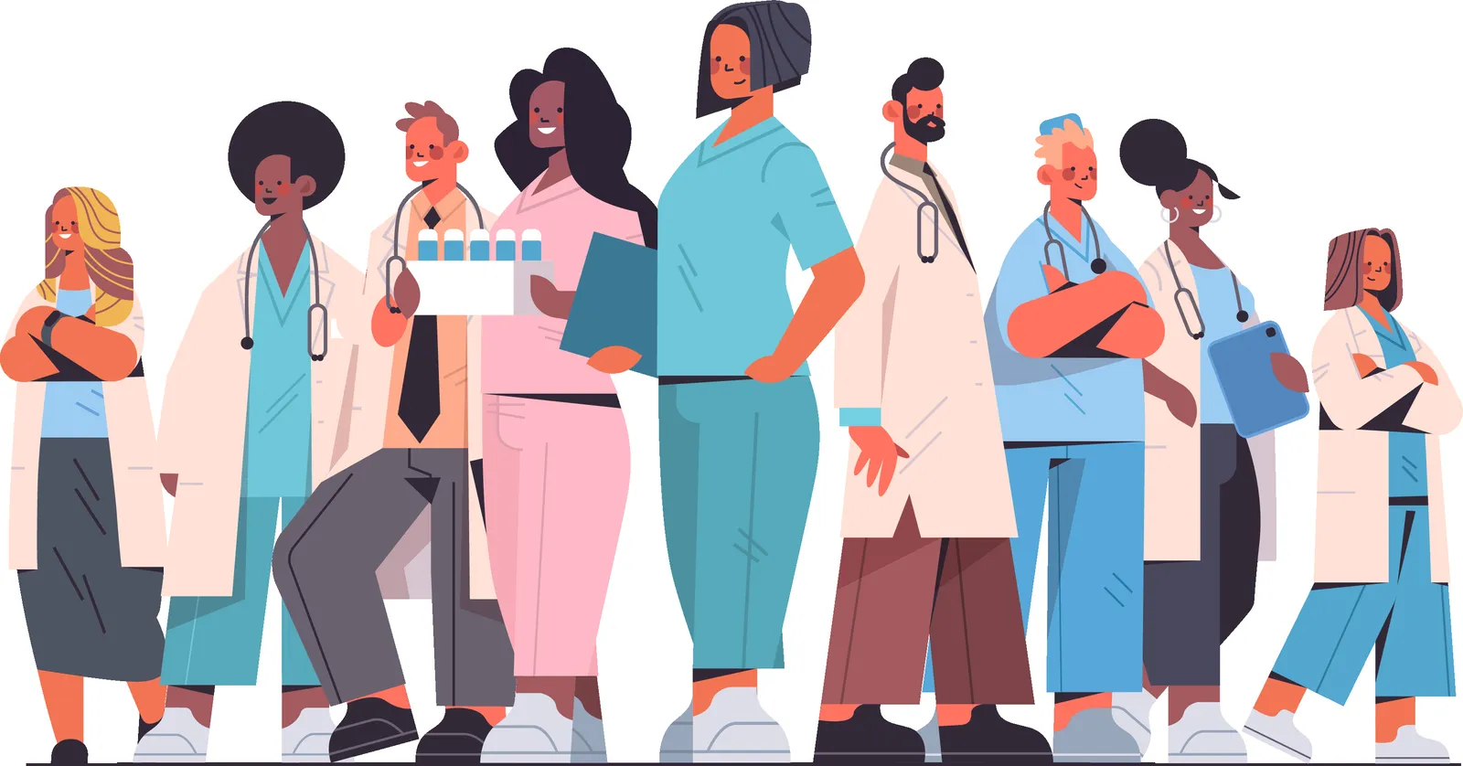 Illustration of a diverse group of primary care medical professionals including doctors and nurses