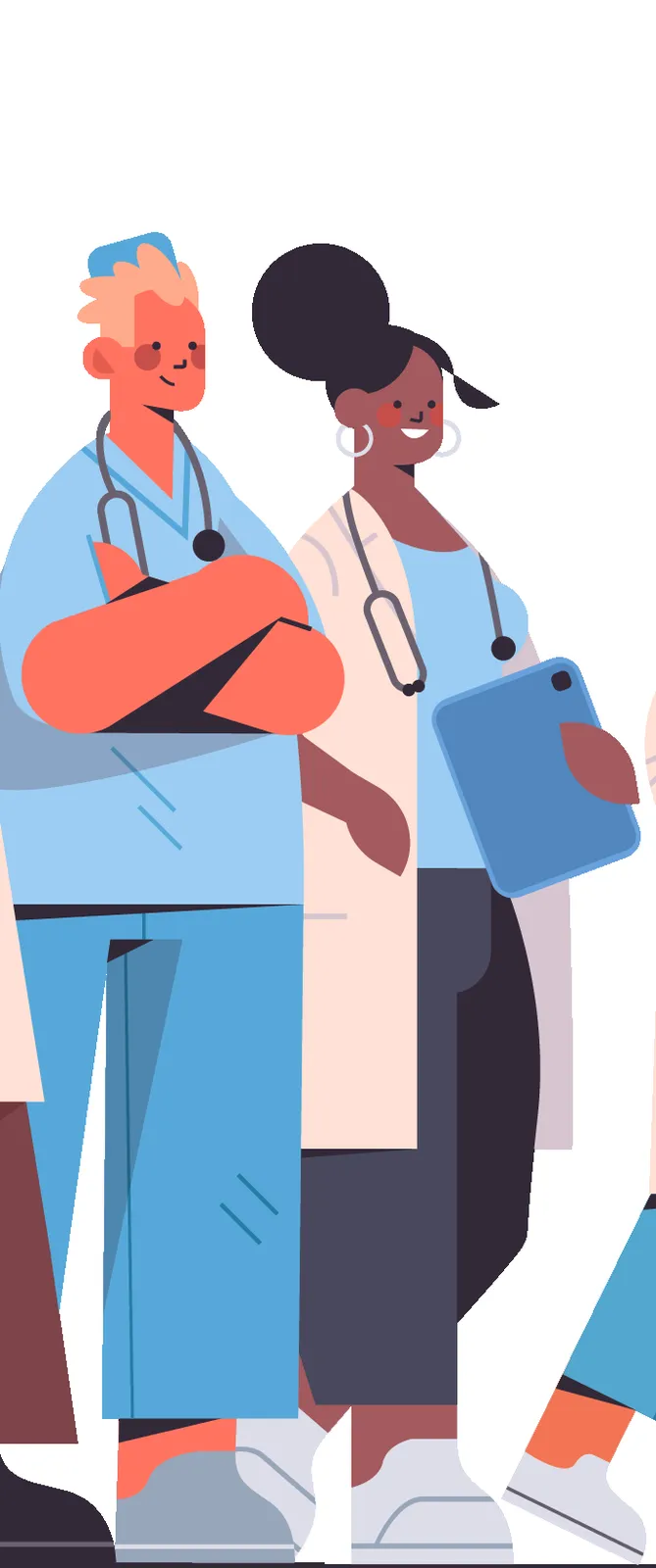 Illustration of medical staff members in scrubs and lab coats