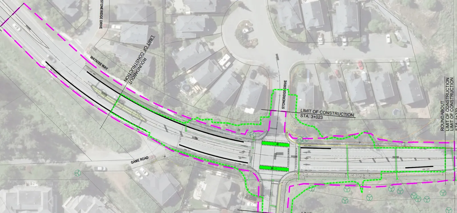 Map of Watkiss Way and Erskine Lane showing construction limits for conceptual signalized intersection and roundabout