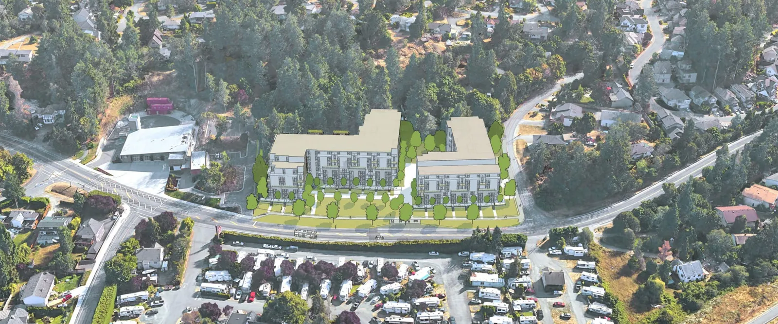 Aerial conceptual development rendering of the proposed multi-unit residential site.