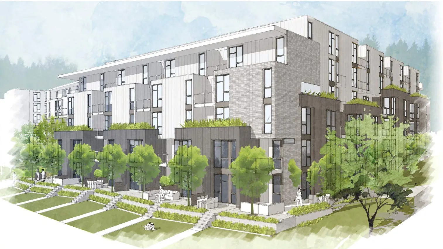 Ground-level architectural illustration of the building facade from the intersection.