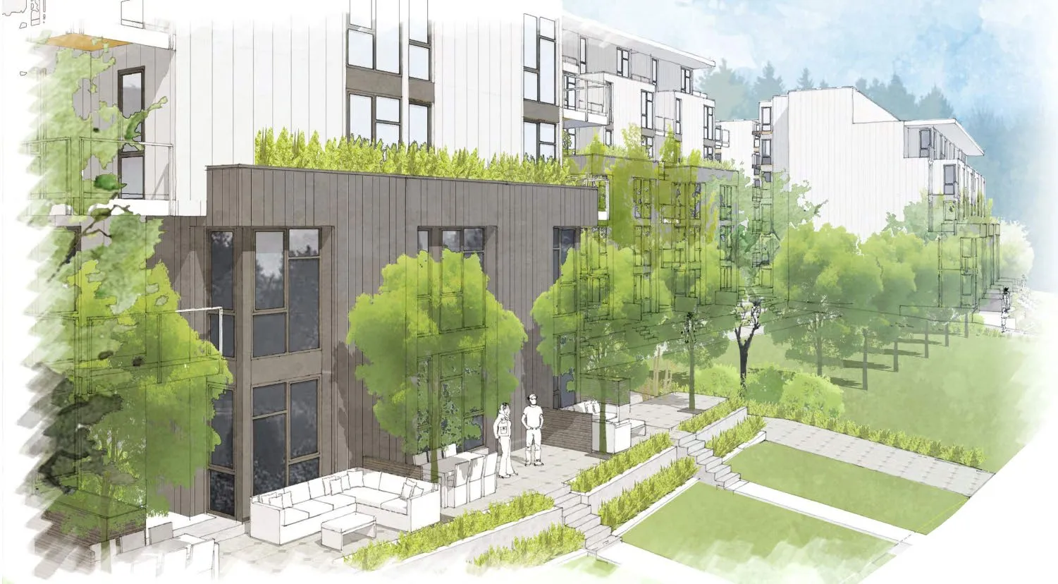 Conceptual architectural rendering of the development from Island Highway looking northbound.