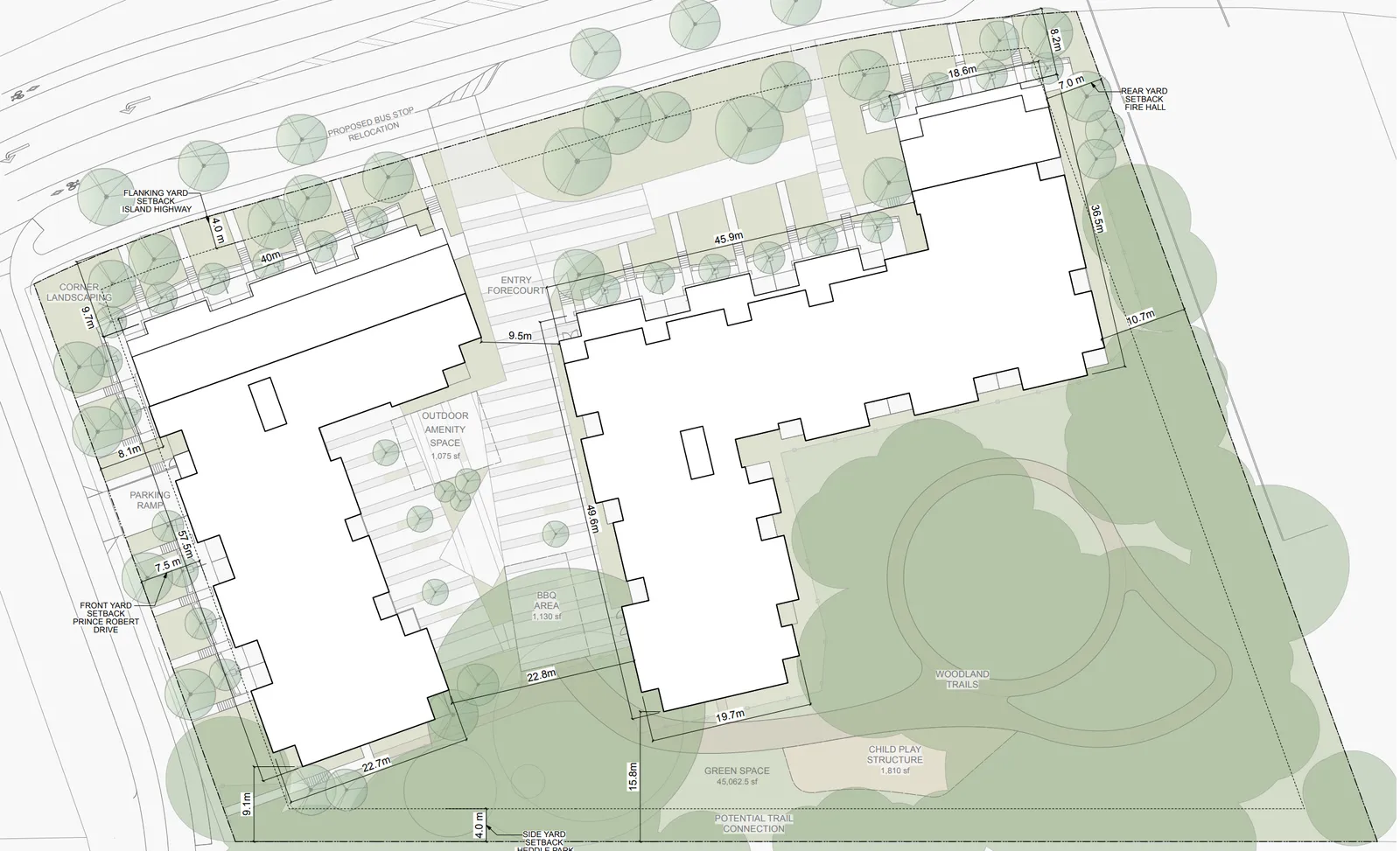 Site plan diagram illustrating building footprints, setbacks, and outdoor amenity spaces.