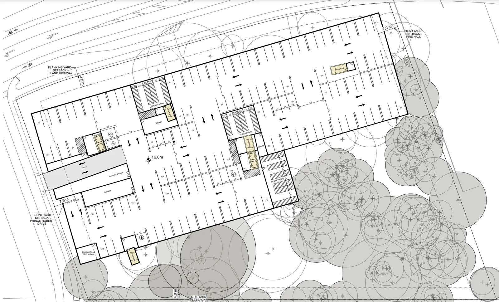 Technical floor plan for the first-level parking area showing stalls, bicycle parking, and garbage facilities.
