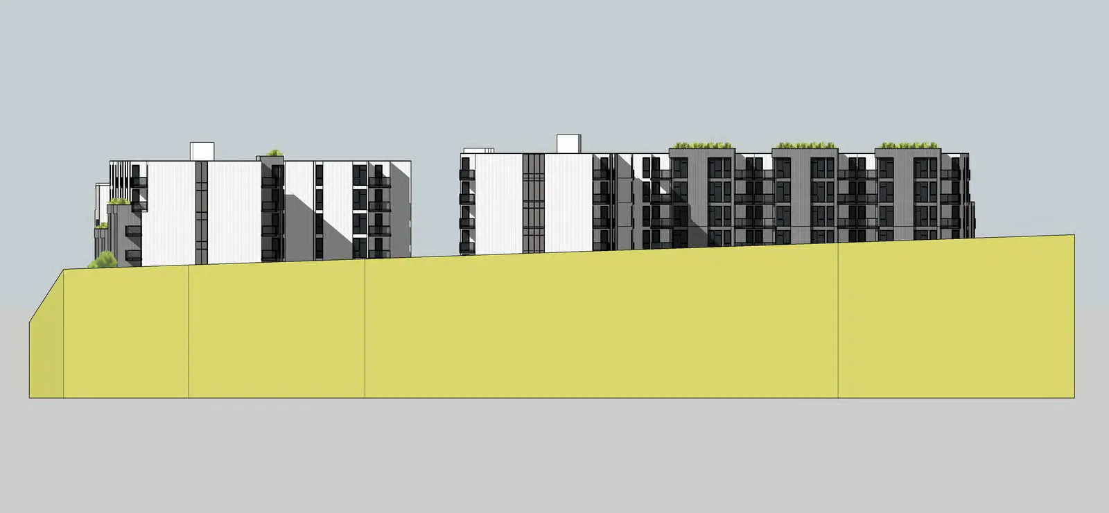 Longitudinal site sections 1 and 2 (Scale 1:200) showing building heights relative to the sloping terrain and average grade lines.