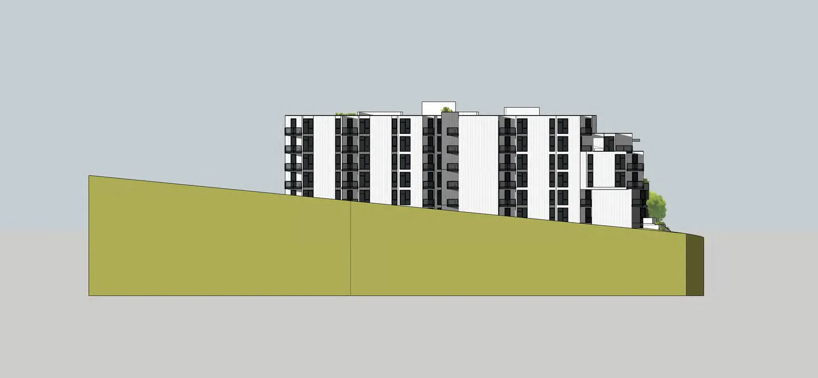 North and South architectural elevations (Scale 1:200) showing facade materials, balconies, and floor levels.