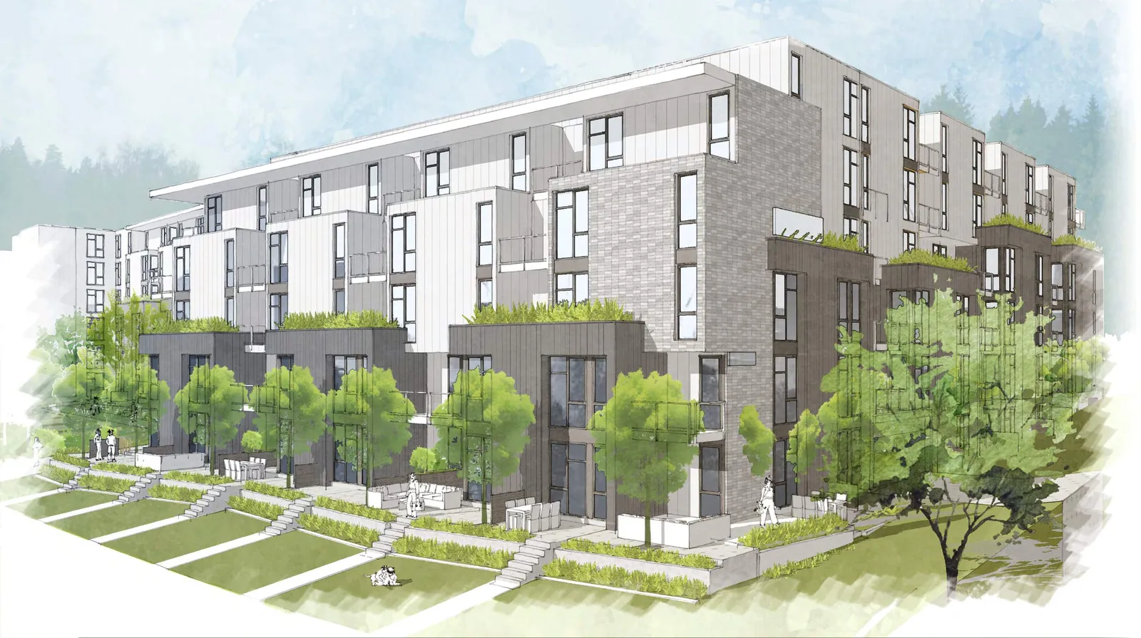 Architectural rendering of the proposed building complex from a low angle, showing multi-level residential units with green roofs and landscaped grounds.