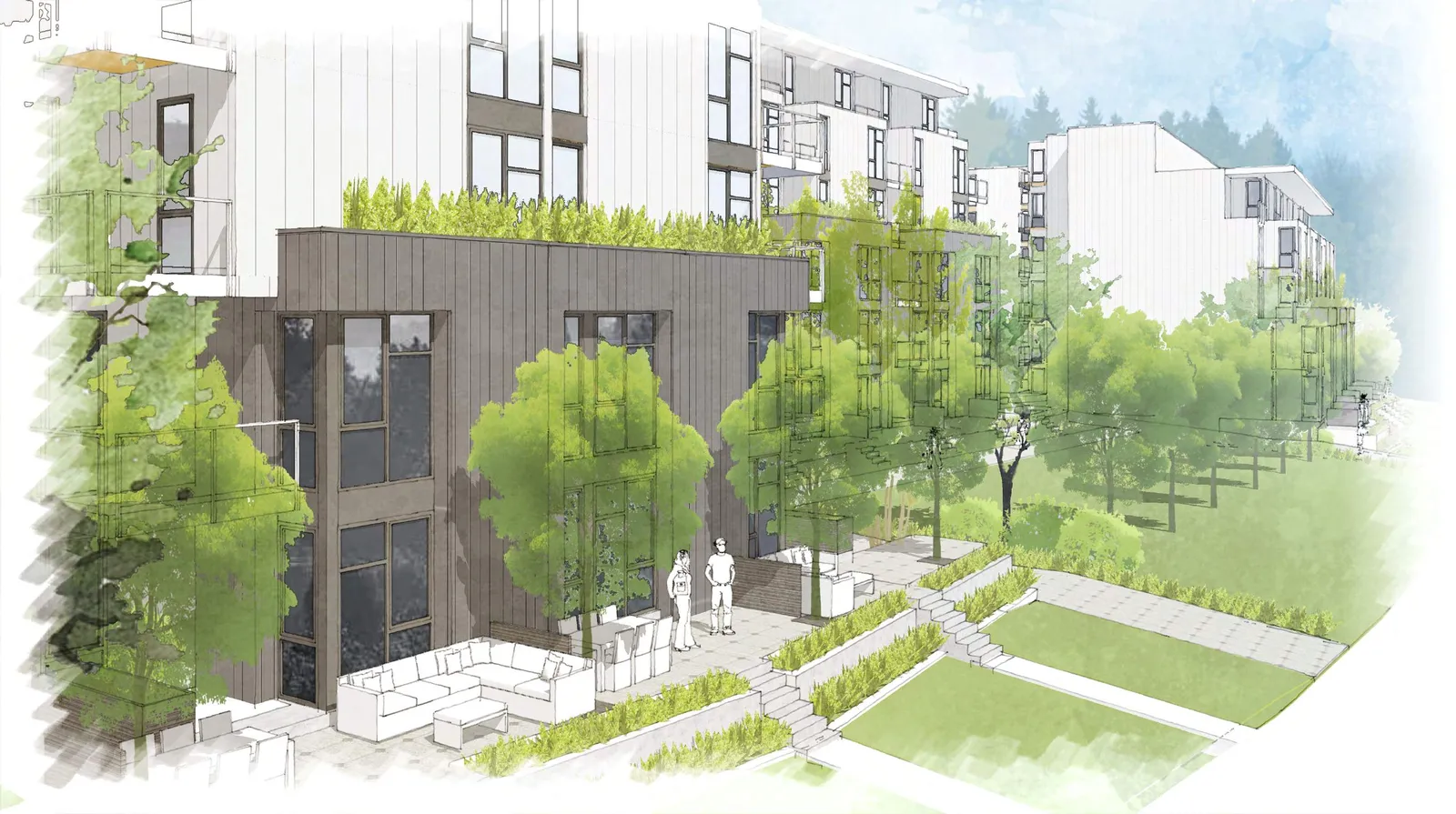 Architectural rendering of the building frontage at street level, showing large windows, ground-floor units, and mature trees.