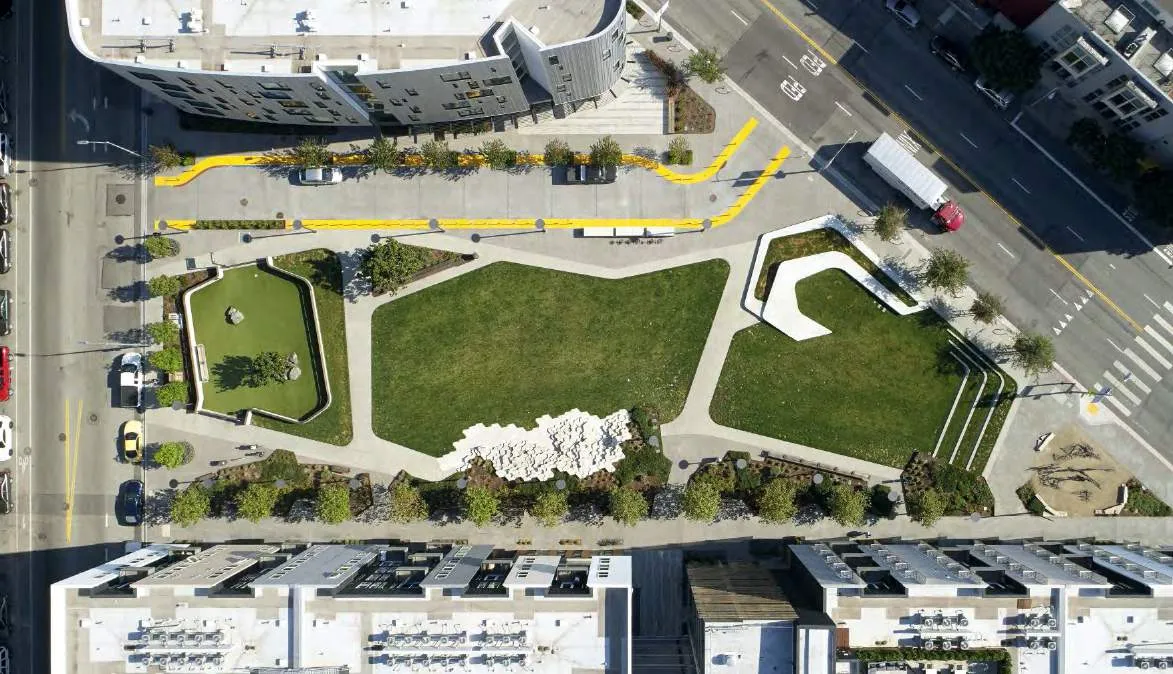 Architectural rendering of an aerial view of a building with multiple roof terraces and green spaces.