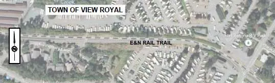 Aerial map view of the Town of View Royal area showing E&N Rail Trail