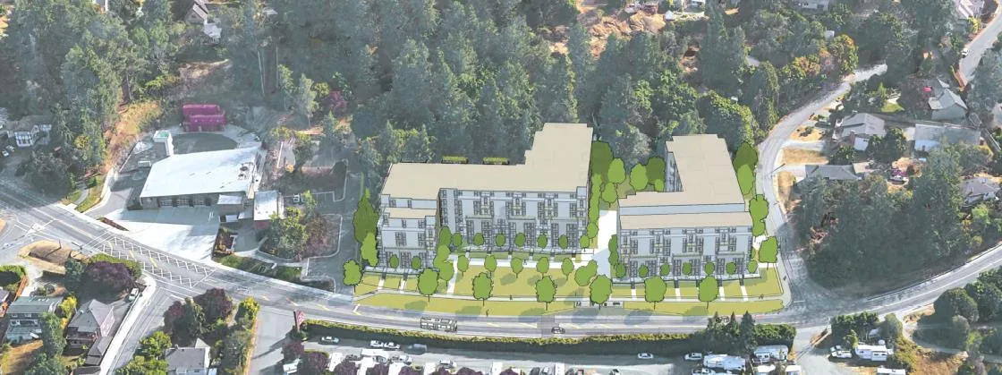Aerial conceptual rendering showing the proposed multi-story residential buildings and surrounding landscape at 331, 341, & 345 Island Highway.