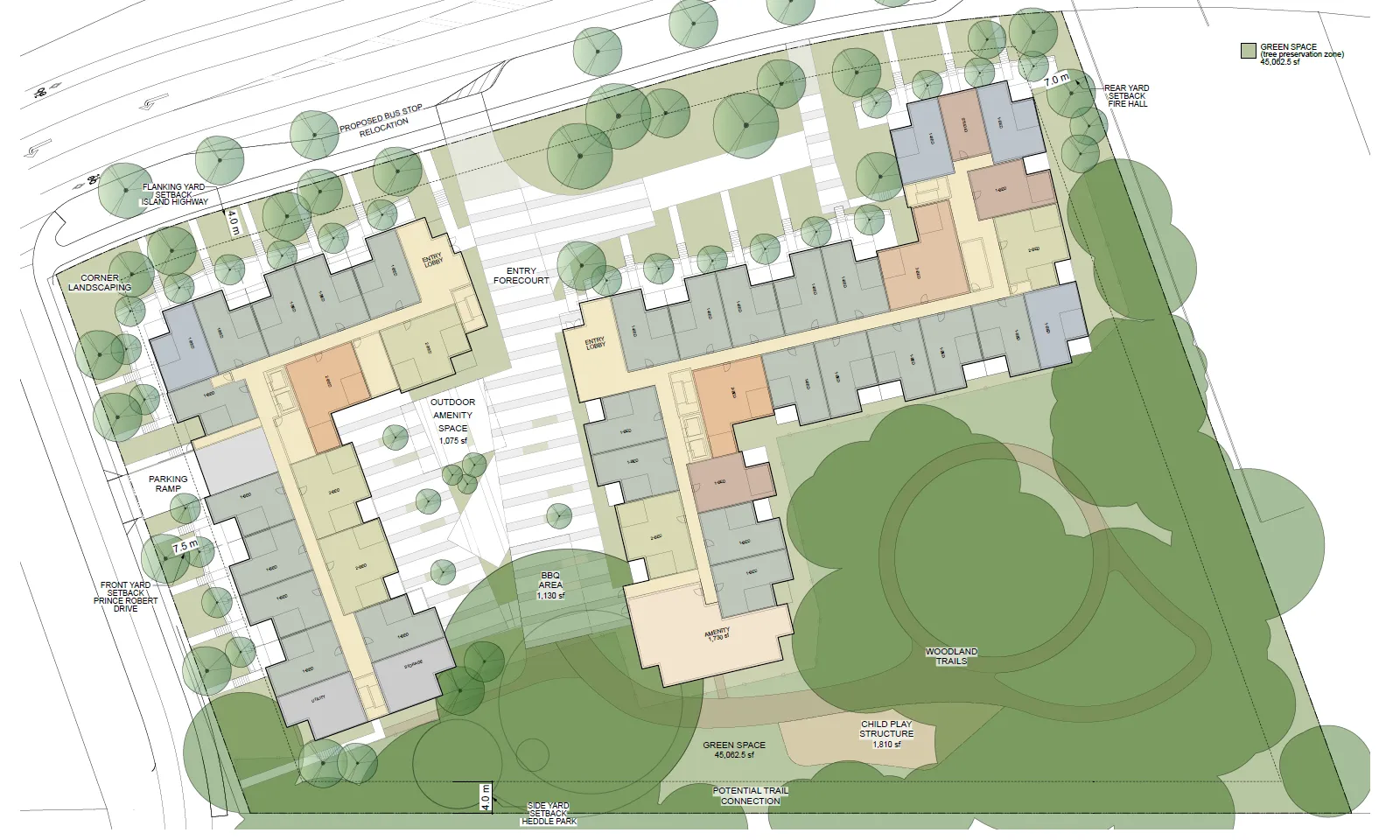 Conceptual rendering of the site plan showing building footprints, entry forecourts, outdoor amenity spaces, and woodland trails.