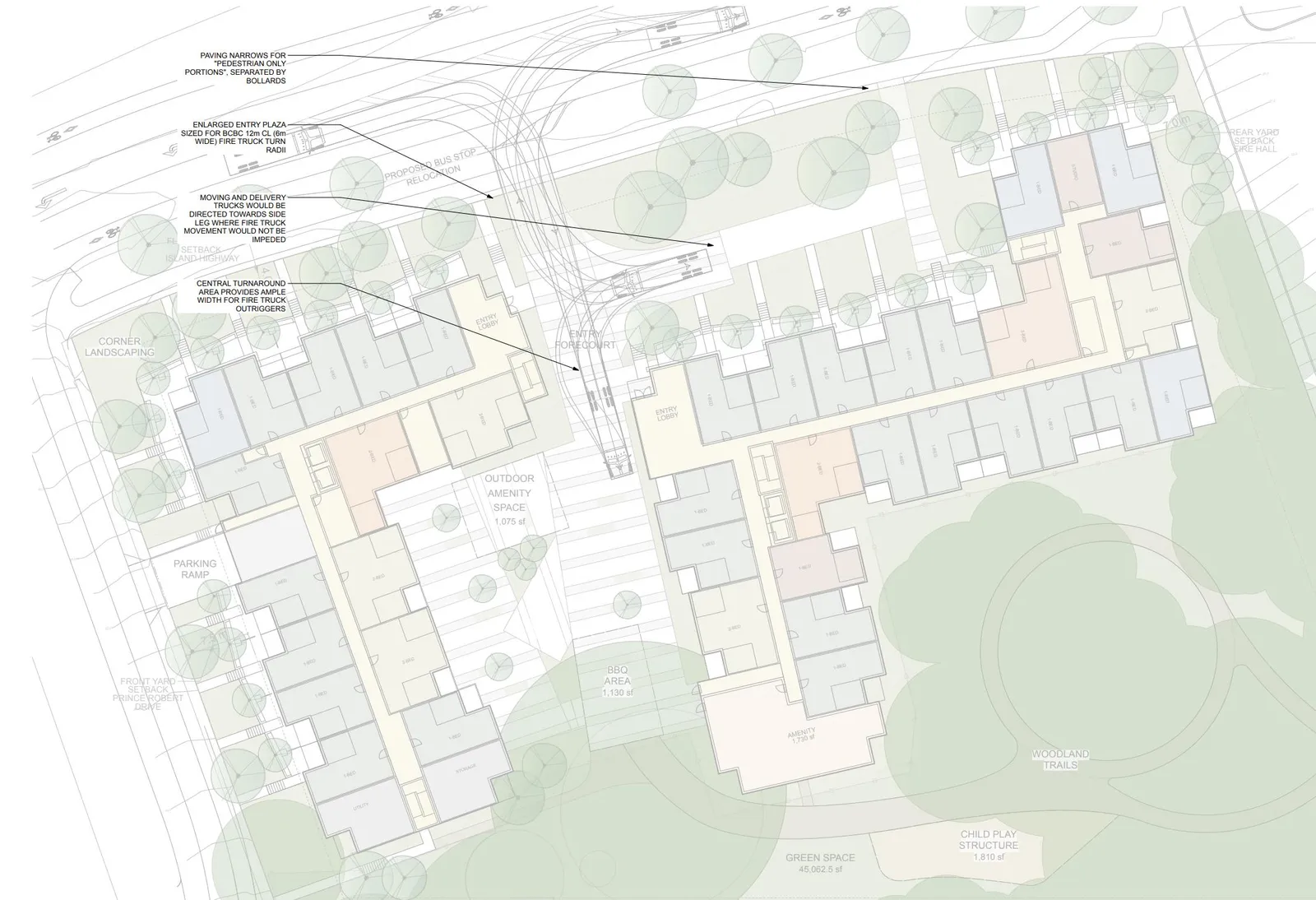 Annotated site plan diagram with red arrows indicating locations for Access, Fire Access Area, and Loading Area.