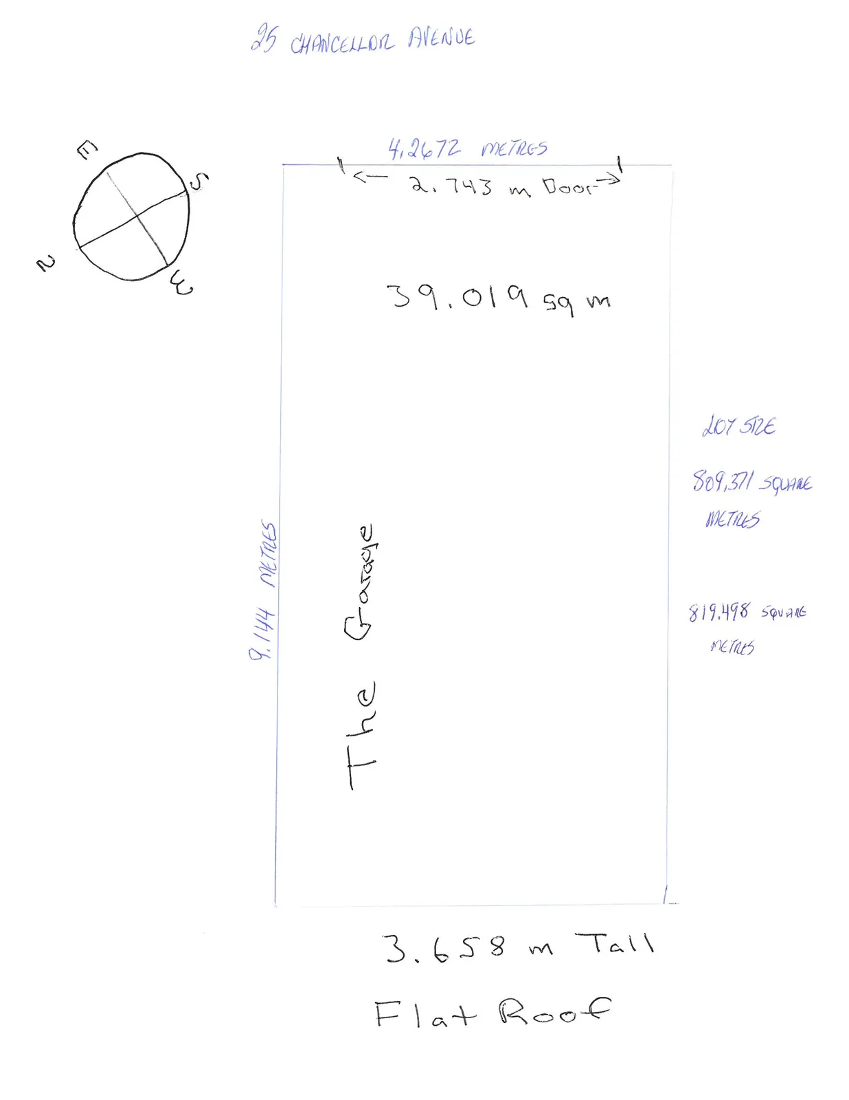 Dimensional diagram of "The Garage" at 25 Chancellor Avenue, including a compass rose. The drawing shows a rectangular structure with dimensions of 4.2672 metres by 9.144 metres and a total area of 39.019 sq m.