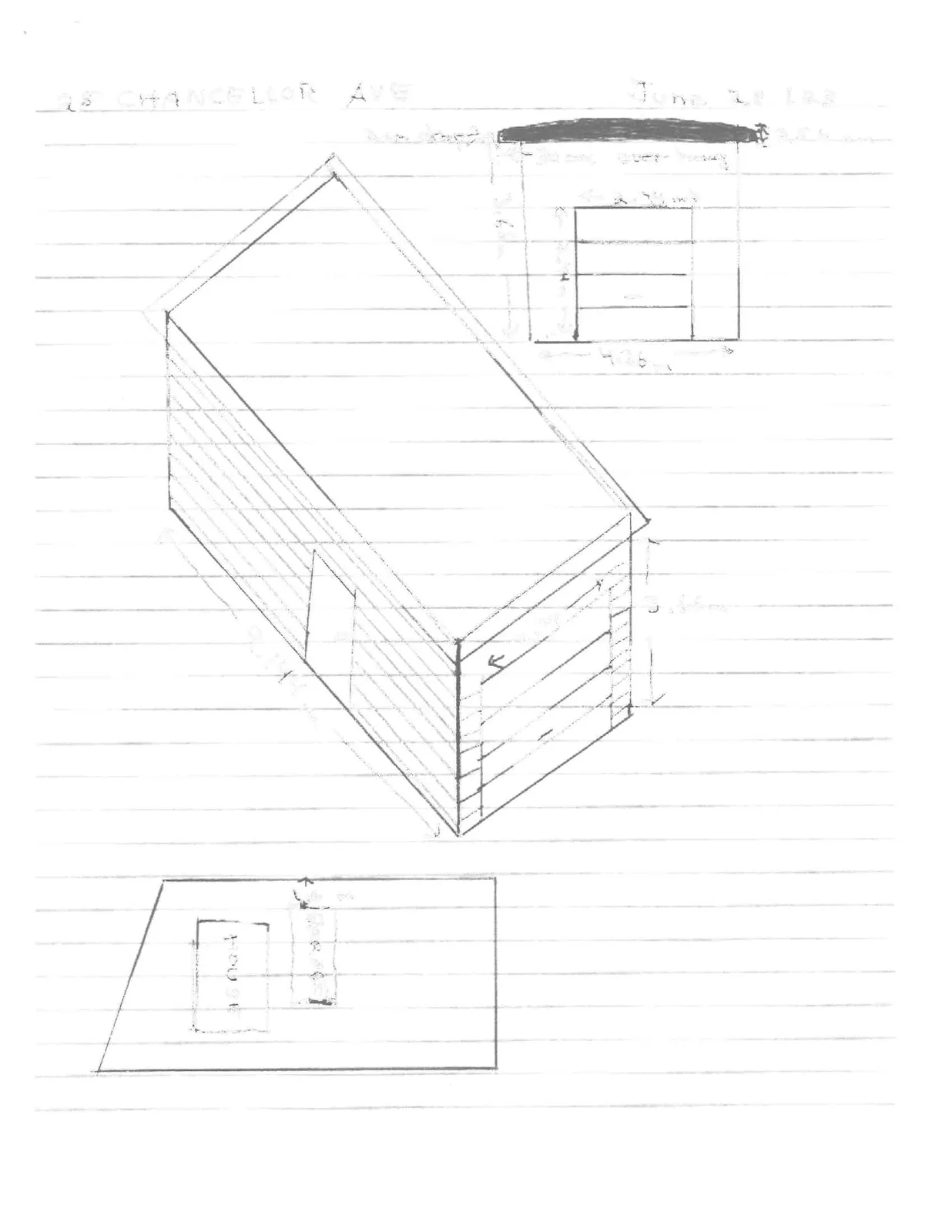 Hand-drawn isometric sketch of a garage showing dimensions of 9,144 m in length and 3,66 m in height, accompanied by a front elevation detail and a site plan.