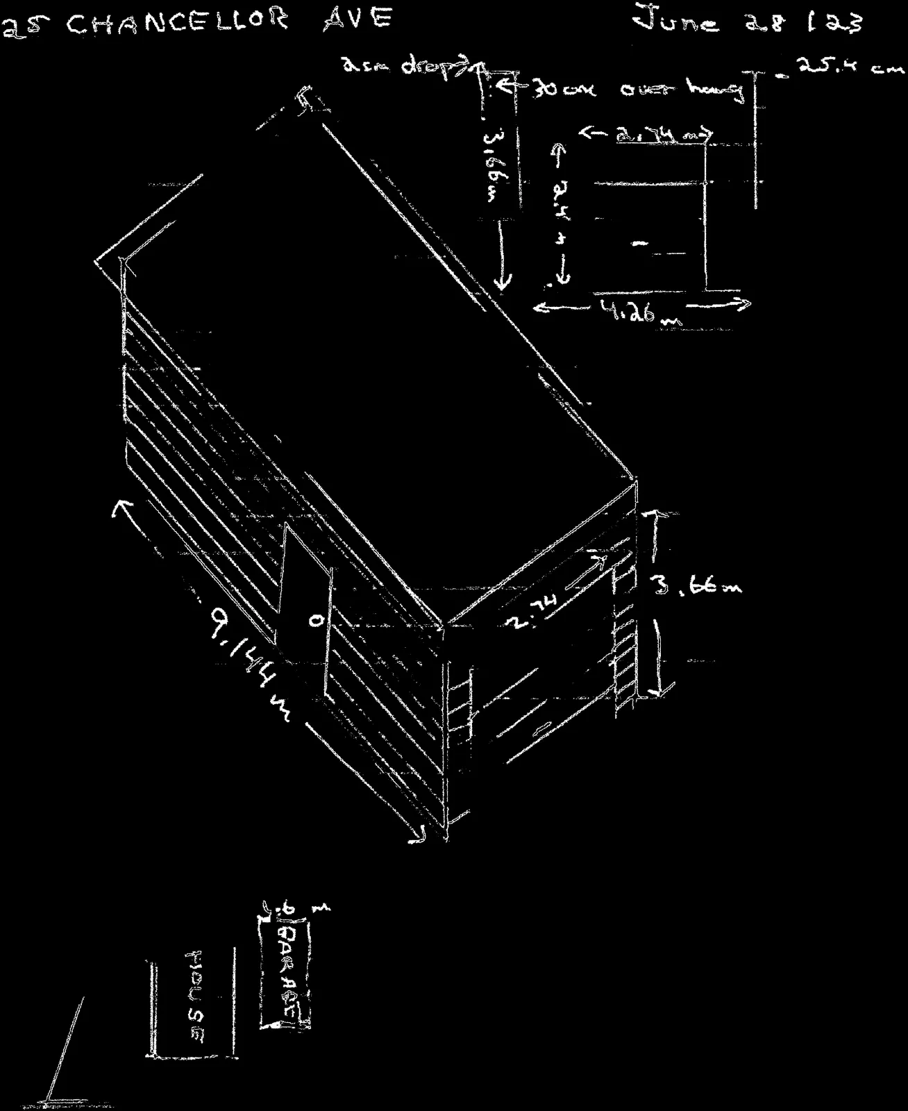 High-contrast version of the isometric, elevation, and site plan sketches.