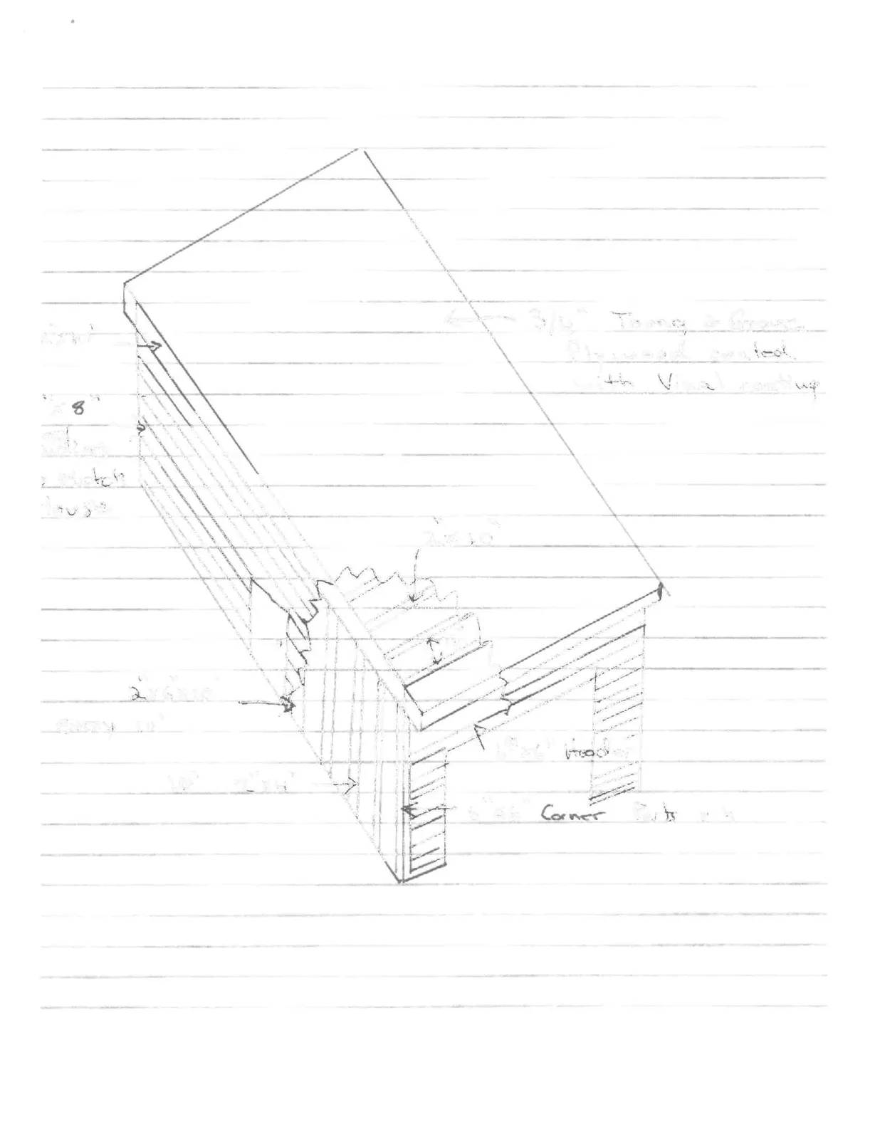 Structural cutaway drawing of the garage detailing framing members, siding, and roofing materials.