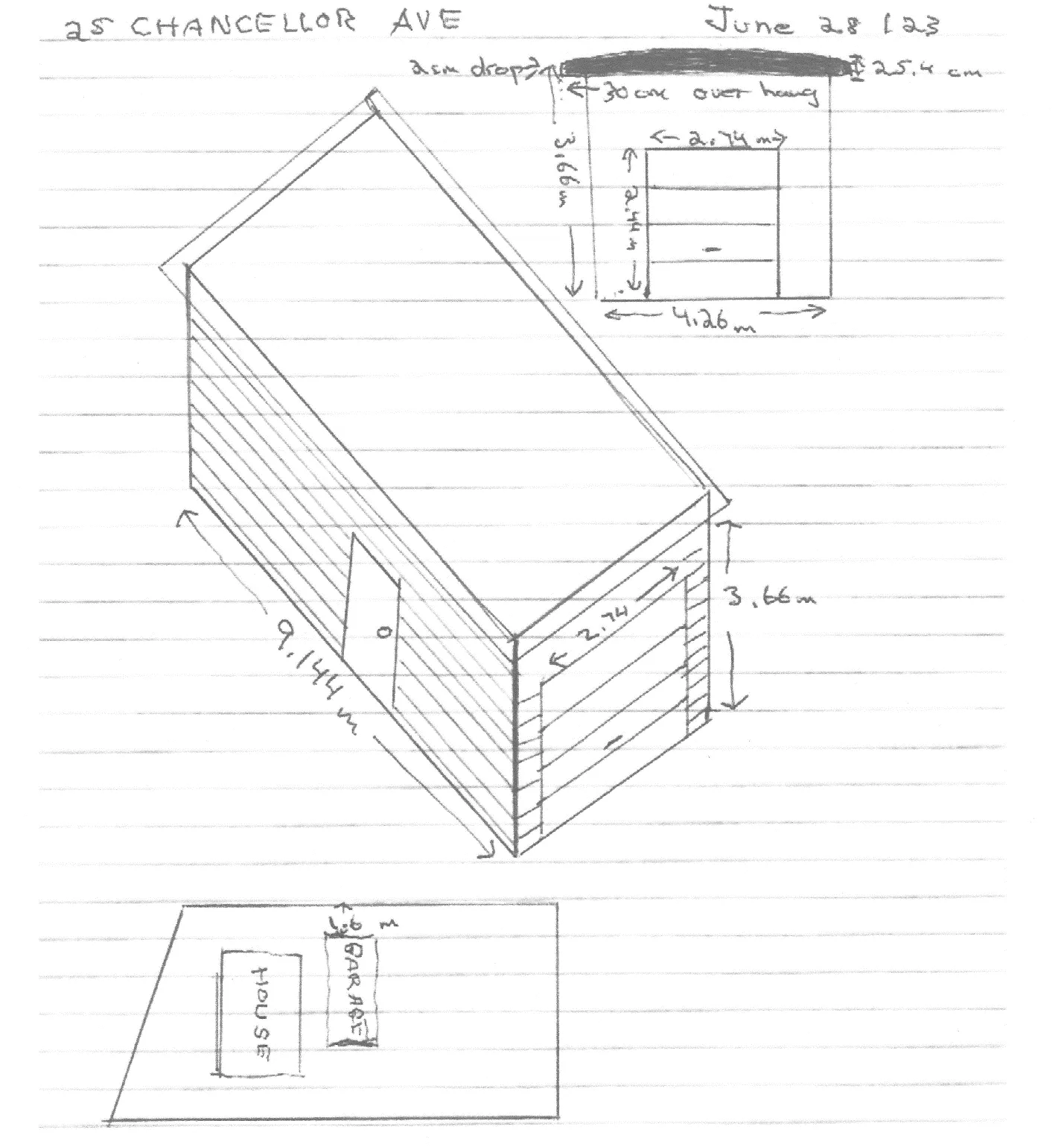 Hand-drawn site plan and architectural sketch of the proposed accessory building showing dimensions and relative location to the house