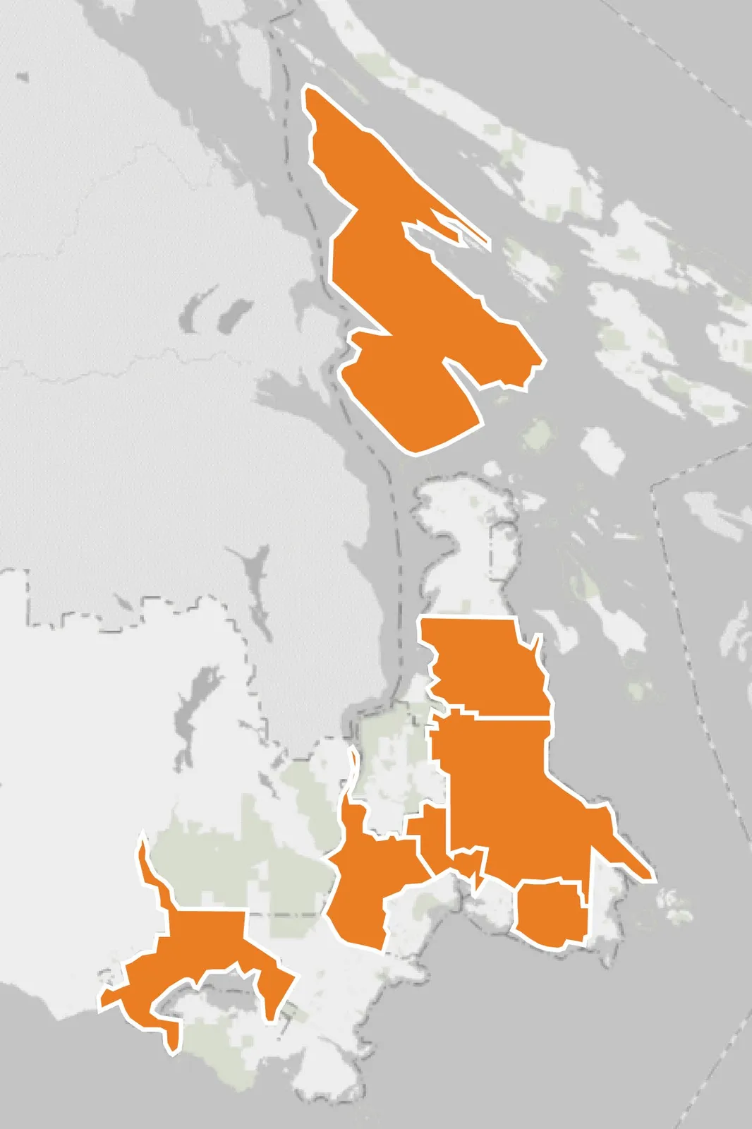 Map of the Capital Regional District with specific areas highlighted in orange