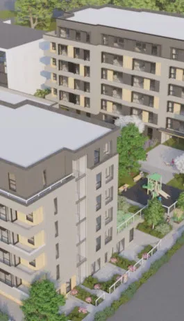 Architectural rendering of modern apartment buildings with an outdoor courtyard and playground