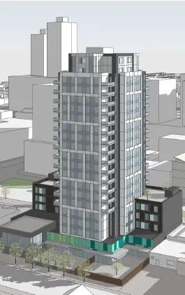 3D architectural rendering of a high-rise residential tower in an urban setting