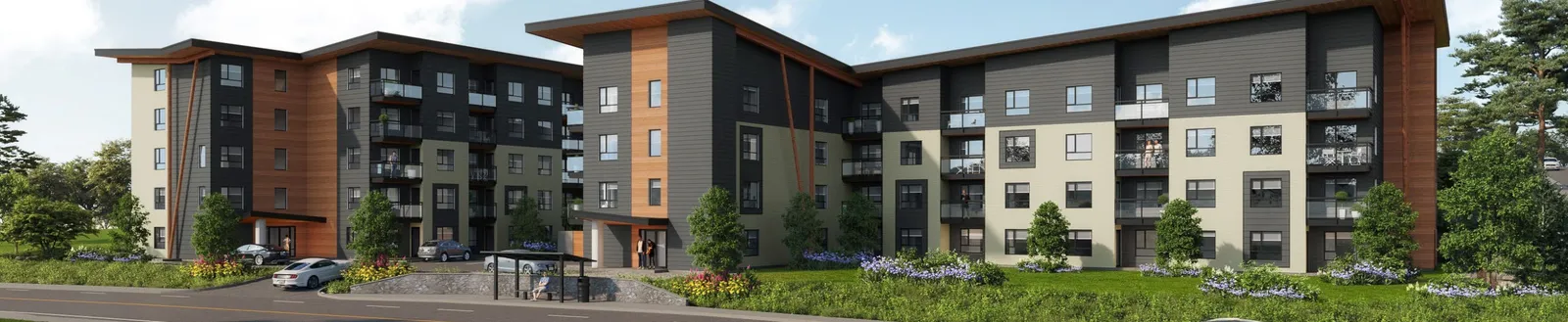 Architectural rendering of a modern multi-building apartment complex with outdoor seating and landscaping