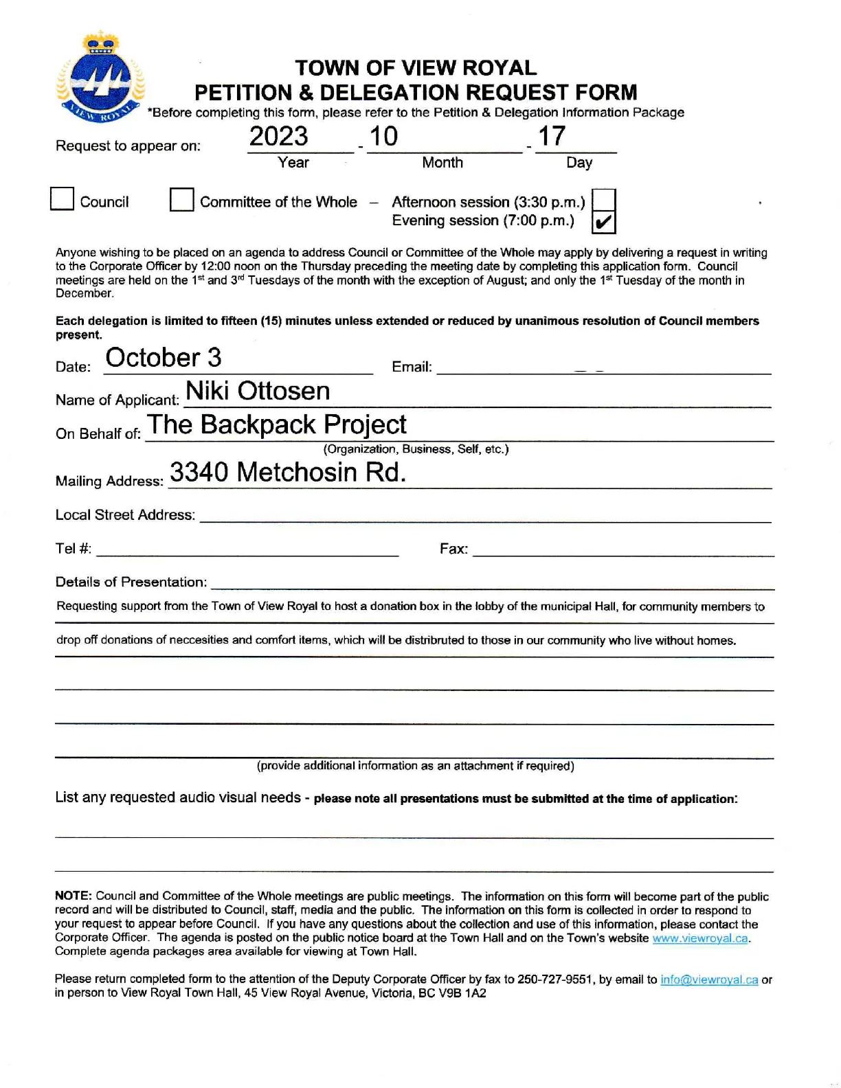 Filled out Petition & Delegation Request Form for Niki Ottosen on behalf of The Backpack Project
