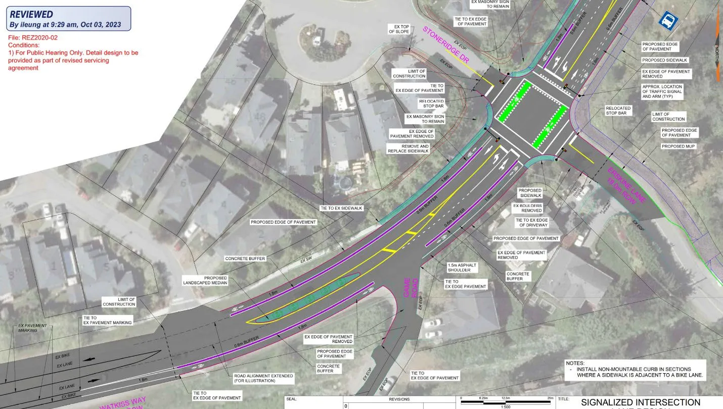 Engineering concept plan for the proposed signalized intersection at Watkiss Way and Stoneridge Drive/Erskine Lane showing bike lanes, medians, and crosswalks