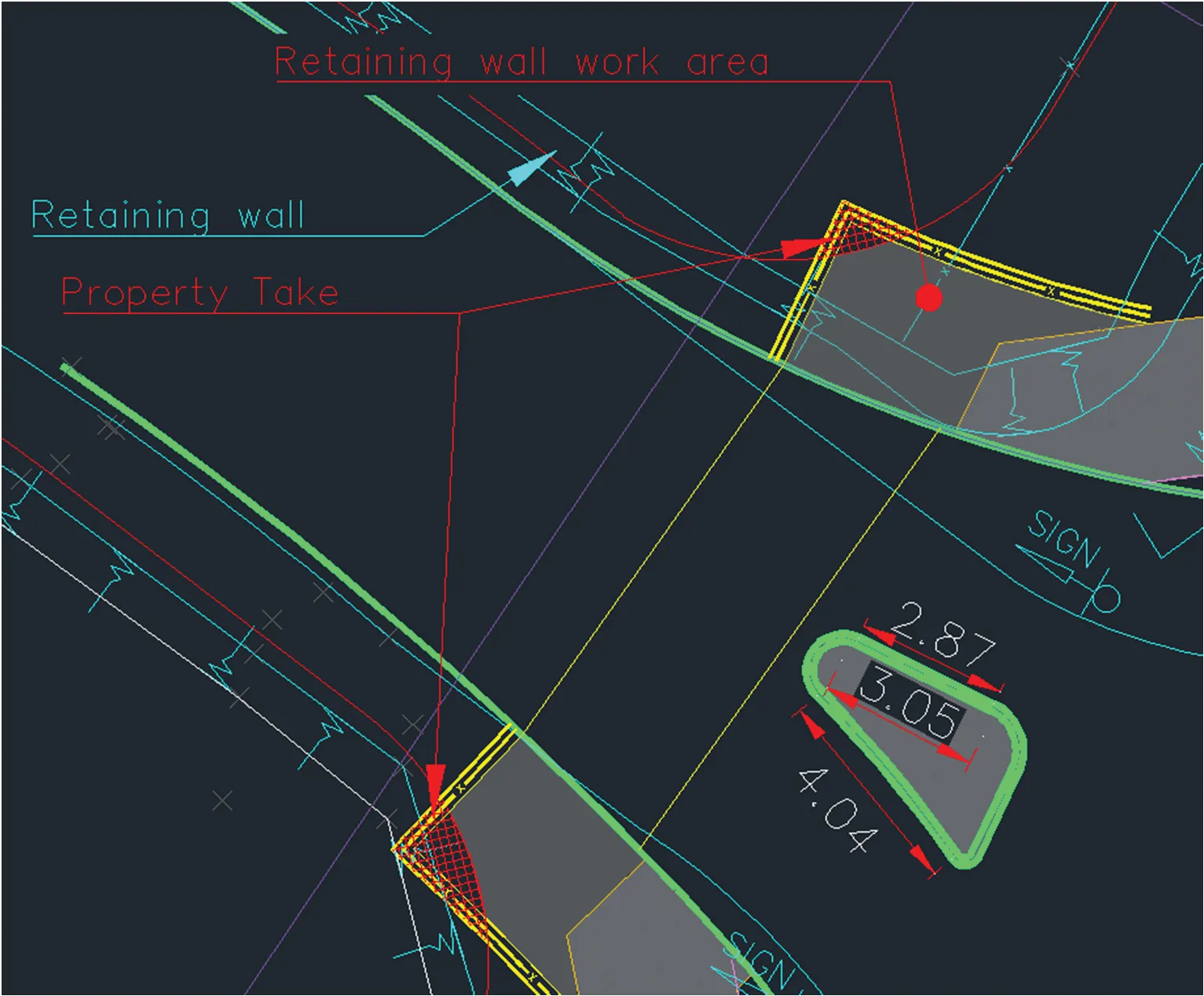CAD diagram detailing sidewalk width, property take, and retaining wall work area (Figure 9)