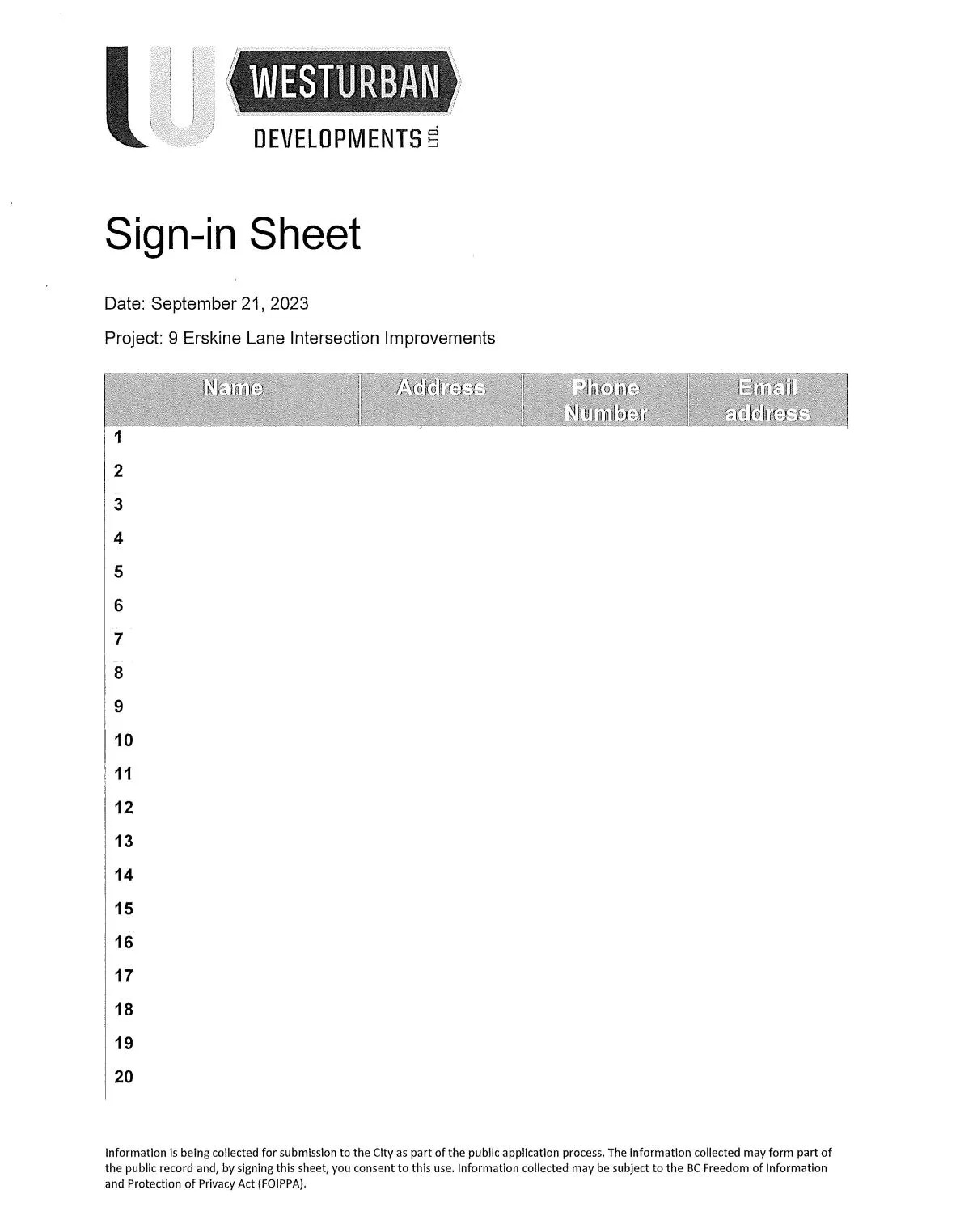 Blank sign-in sheet for the open house, entries 1-20 (duplicate page)