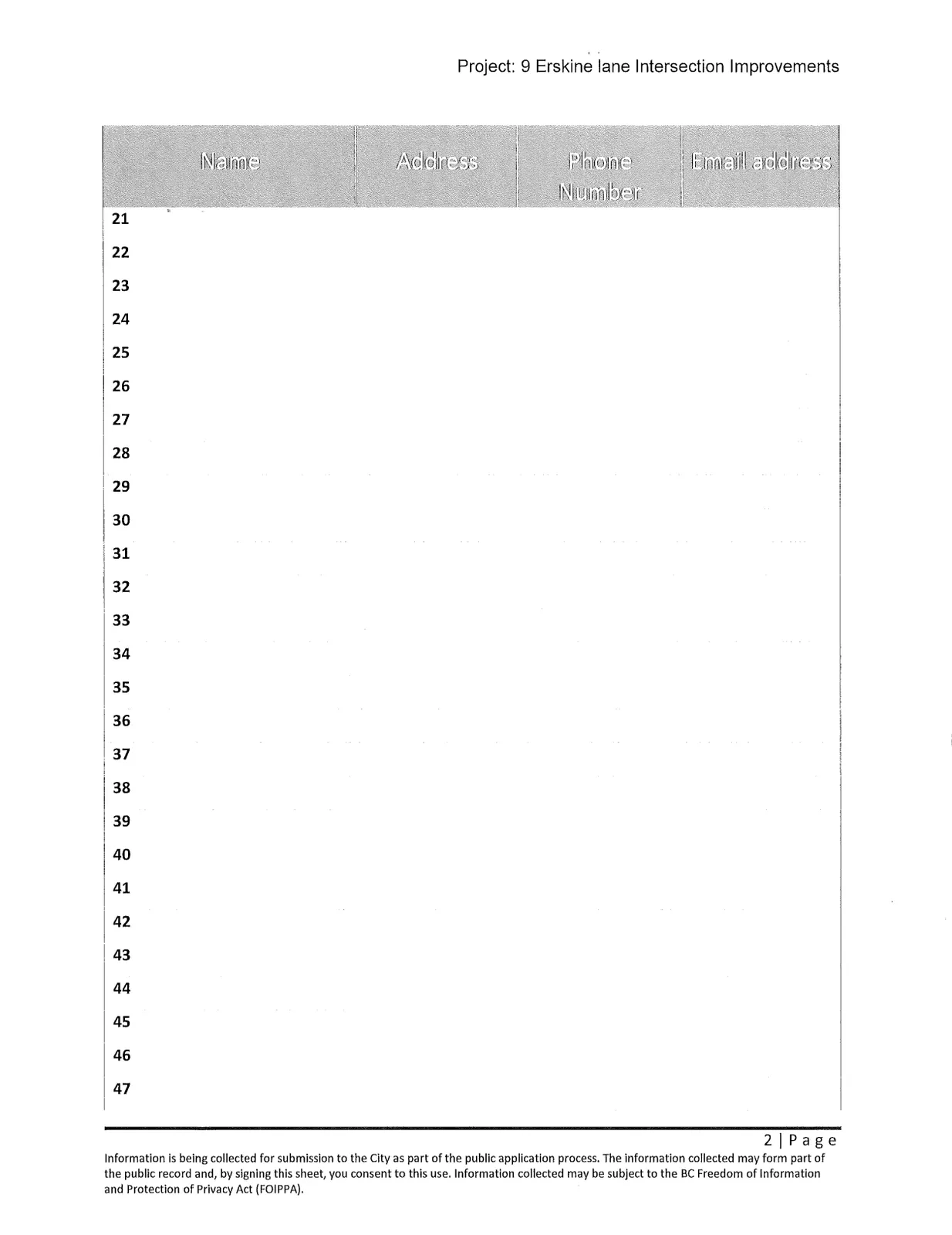 Blank sign-in sheet for the open house, entries 21-47