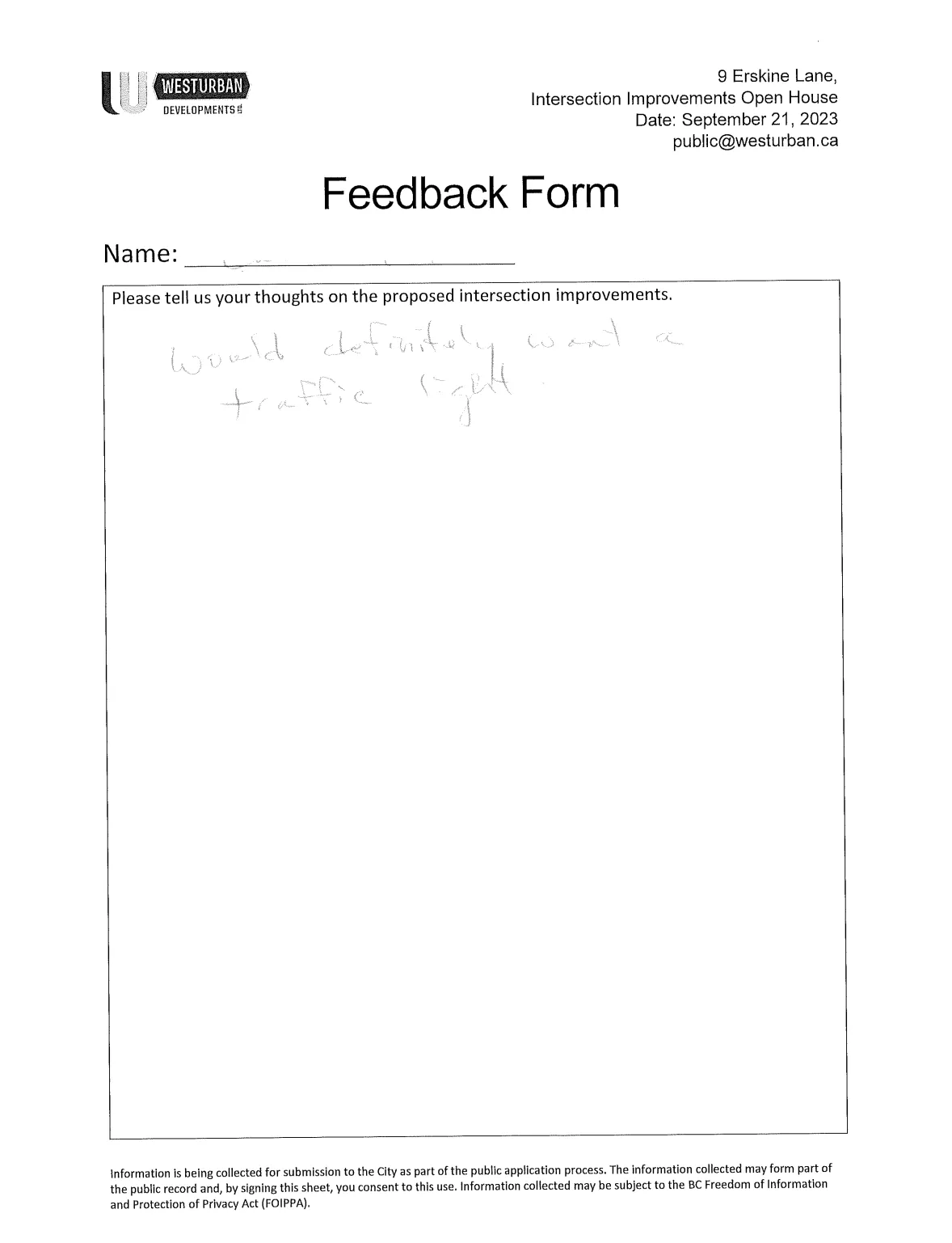 Feedback form with a hand-drawn diagram showing suggested intersection layout including a merge lane and a right turn lane