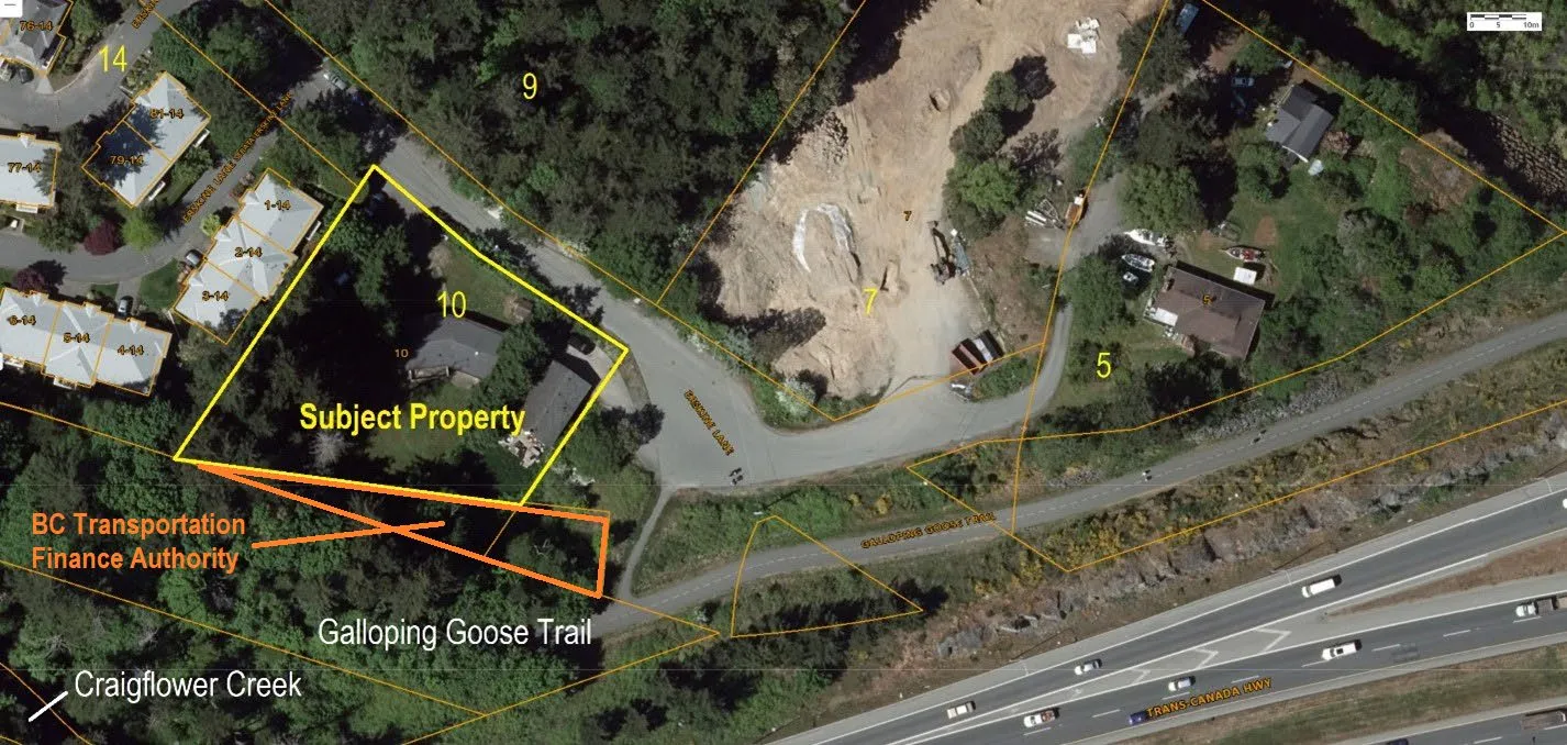 Aerial map showing the subject property location at 10 Erskine Lane relative to the Galloping Goose Trail and nearby residential areas