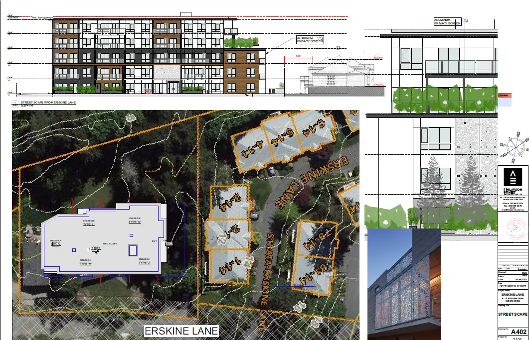 Collage showing building elevation, footprint layout, and architectural detail renderings for the proposed development