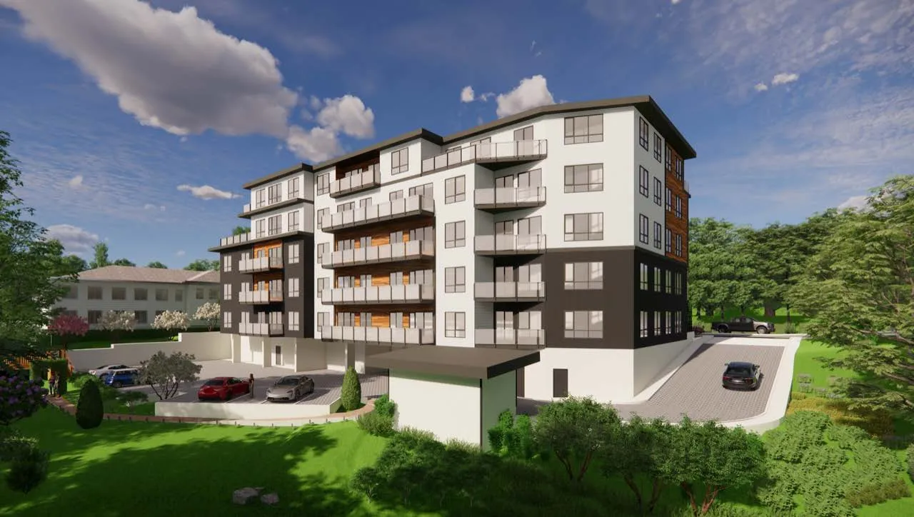 Architectural rendering of a multi-story modern apartment building featuring a combination of white and dark grey exterior walls, wooden accents on balconies, and a parking area with several cars.