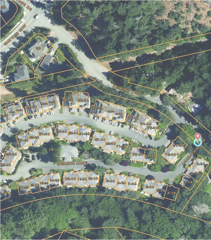 Survey Plan 1/A101 - BC Land Surveyors Site Plan of No.10 Erskine Lane showing existing topography, structures, and tree inventory.