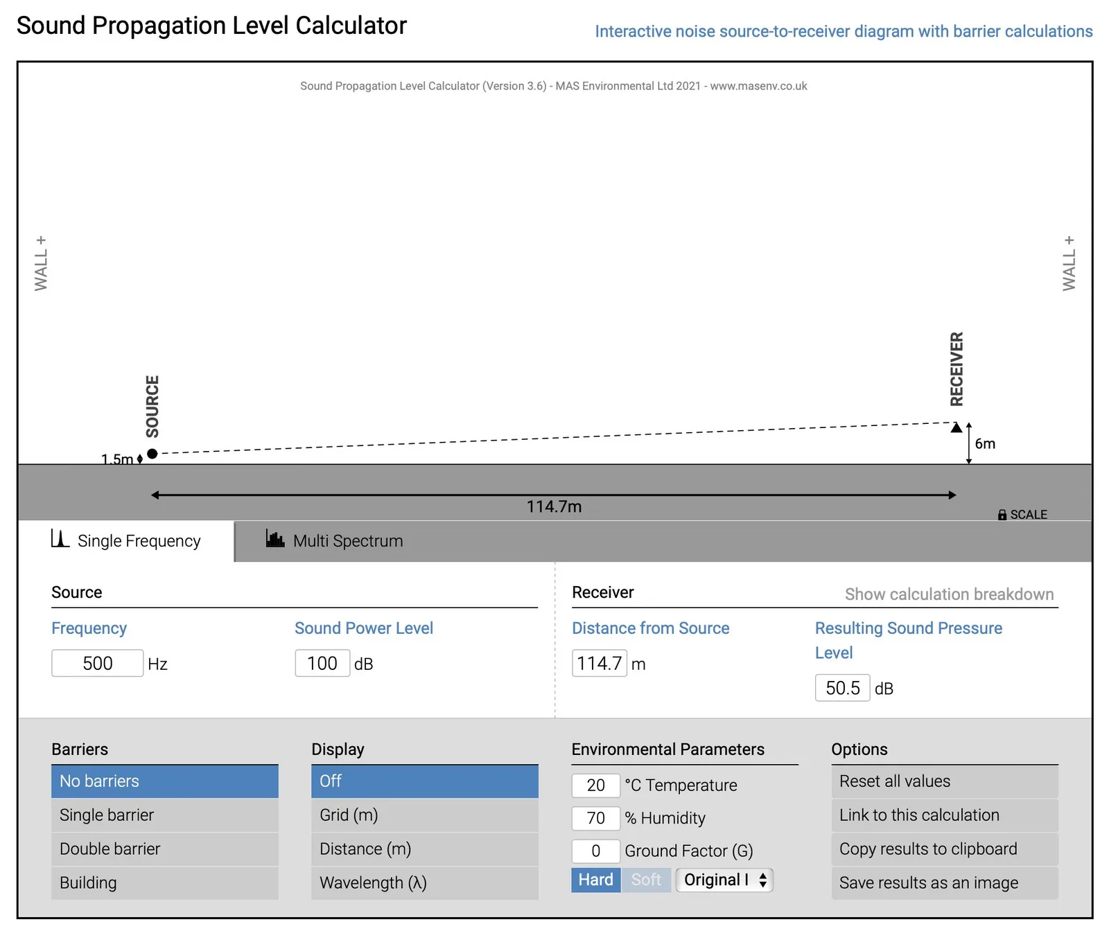 Sound Propagation Level Calculator results for Section 'A'