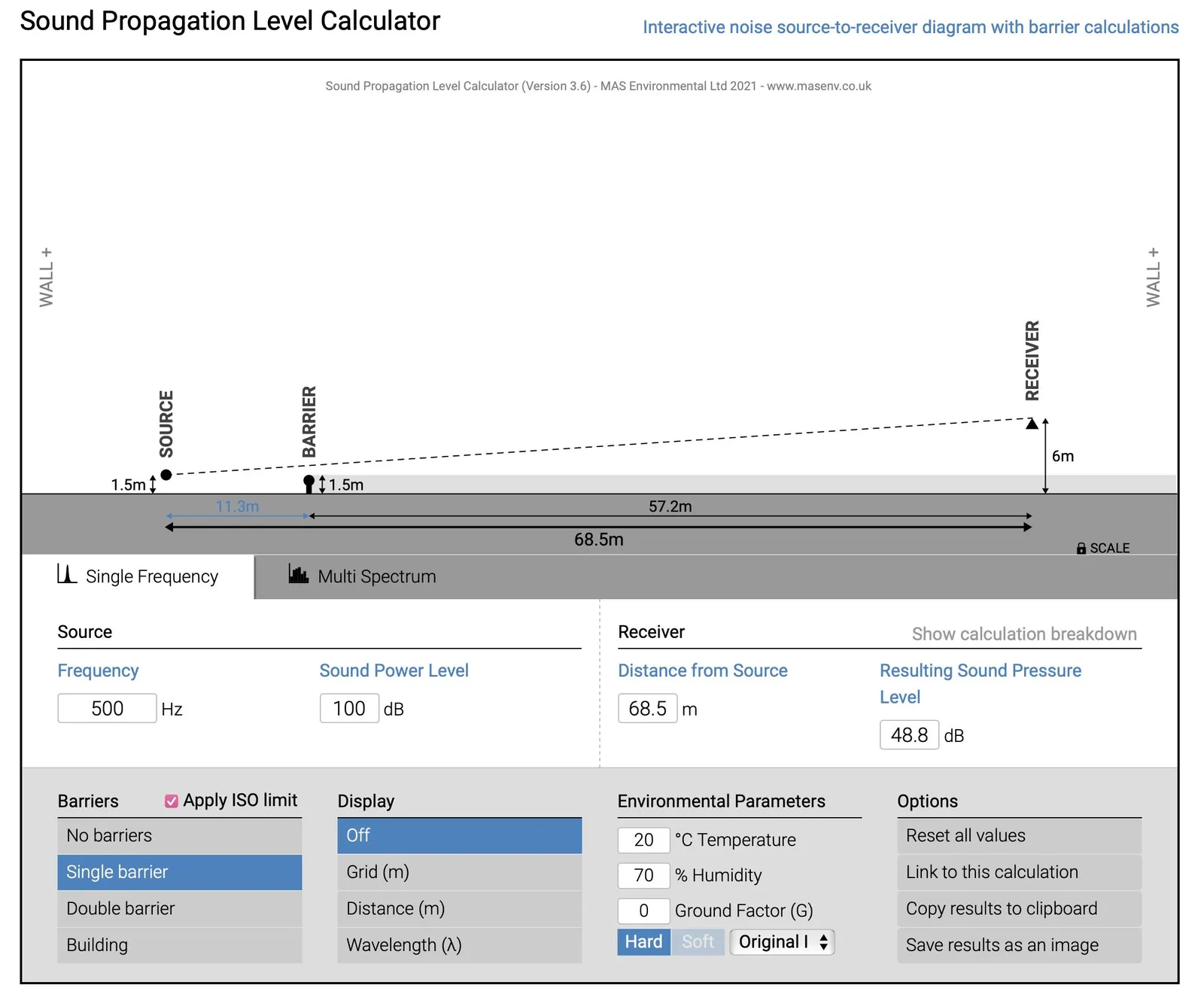 Sound Propagation Level Calculator results for Section 'B'