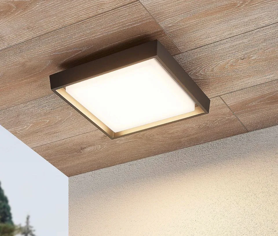 Sample photo of a square, flush-mount exterior ceiling light fixture