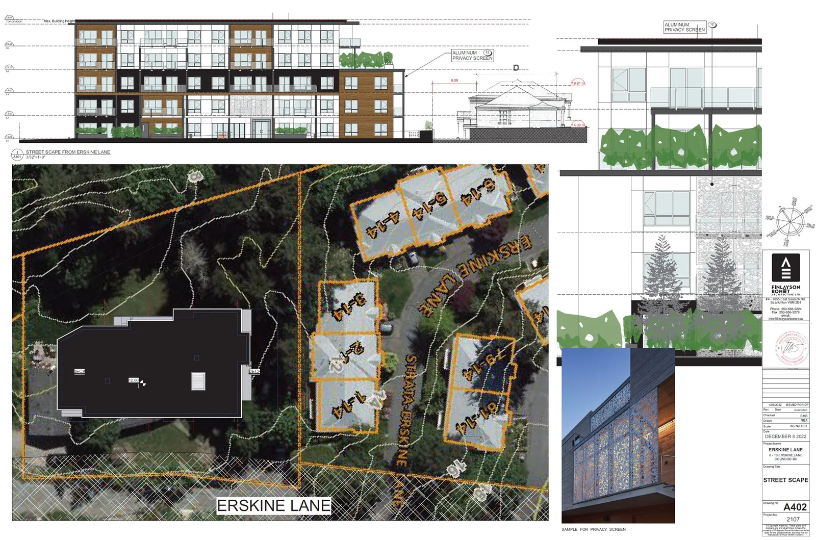 Streetscape elevation and aerial site map showing the development's context with adjacent townhouses and examples of decorative aluminum privacy screens.