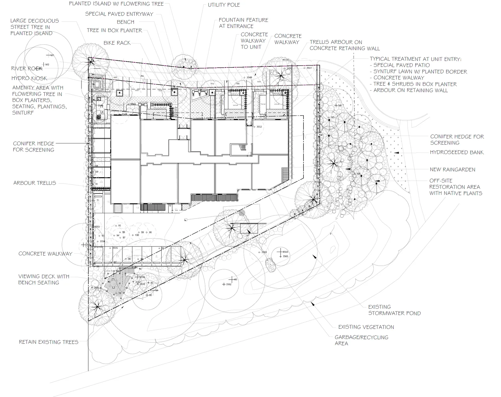 Detailed landscape and site plan for 10 Erskine Lane showing the building footprint, walkways, viewing deck, and existing vegetation transition to the Galloping Goose Regional Trail.