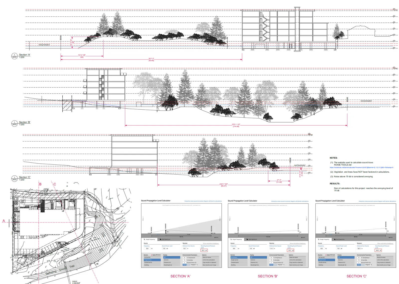 Building sections and sound propagation level calculations analyzing noise impacts from the adjacent highway.