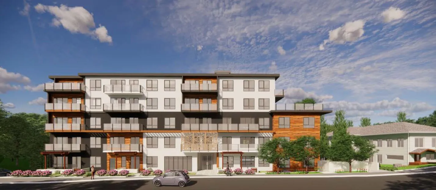 Front view rendering of the proposed multi-unit residential building from Erskine Lane.