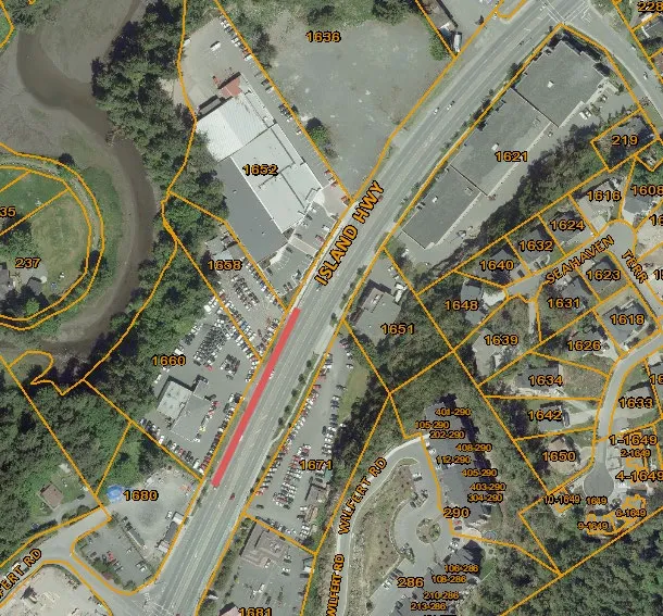 Aerial map of Island Highway Upgrades project area showing property lines and lot numbers between Hart Road and Wilfert Road